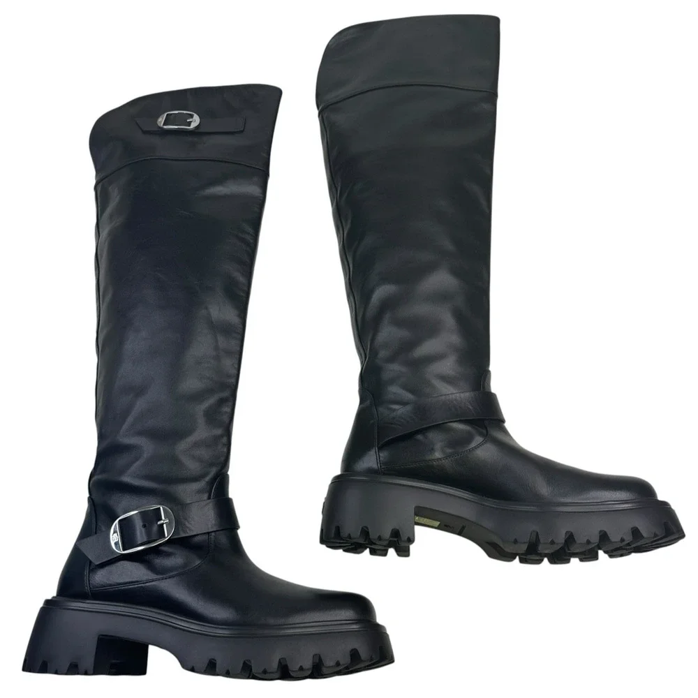 Stuart Weitzman Emerson 50MM Buckle-Accented Leather Tall Boots Size 7B New $950
